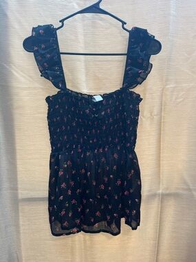 No Boundaries Black Floral Smocked Ruffle Strap Camisole